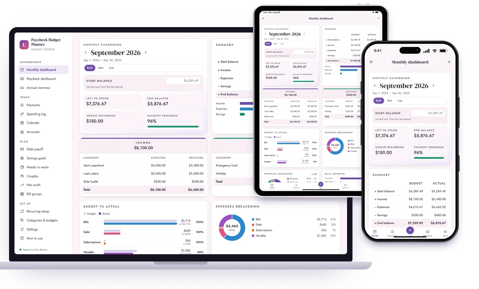 Paycheck Budget Planner on a laptop, iPad and iPhone showing the monthly budget dashboard