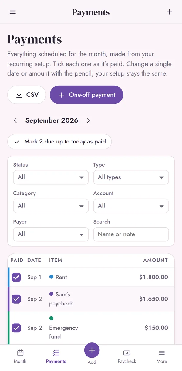 Payments checklist on iPhone