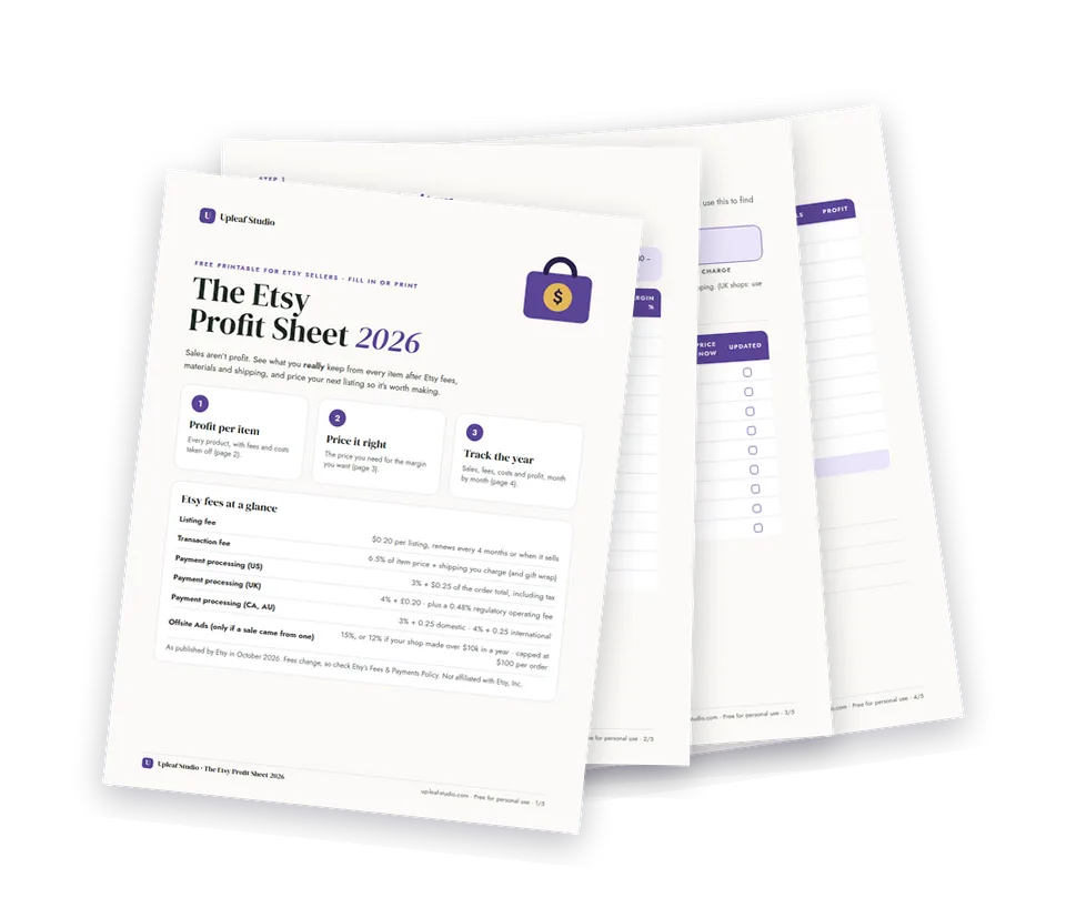 Pages of The Etsy Profit Sheet 2026 printable