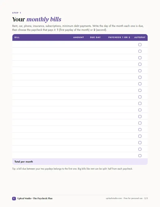 Monthly bills page of The Paycheck Plan