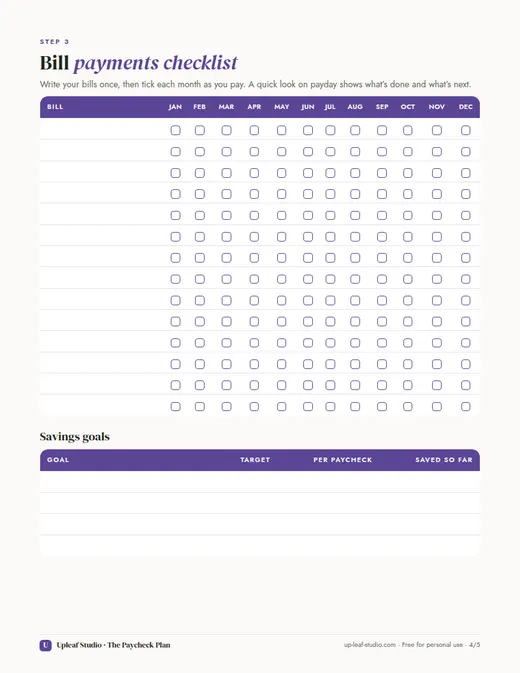 Payments checklist page of The Paycheck Plan