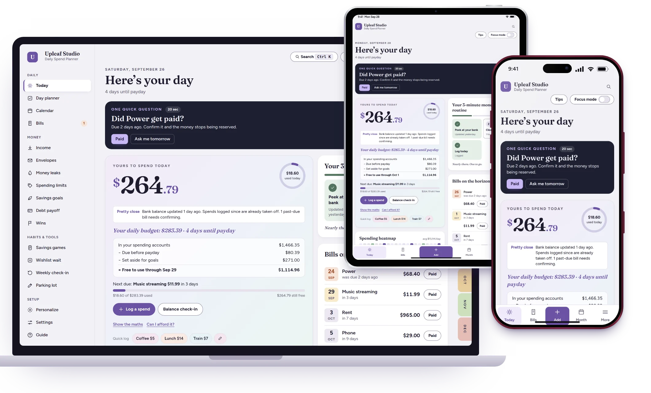 Daily Spend Planner on a laptop, iPad and iPhone showing $264.79 yours to spend today