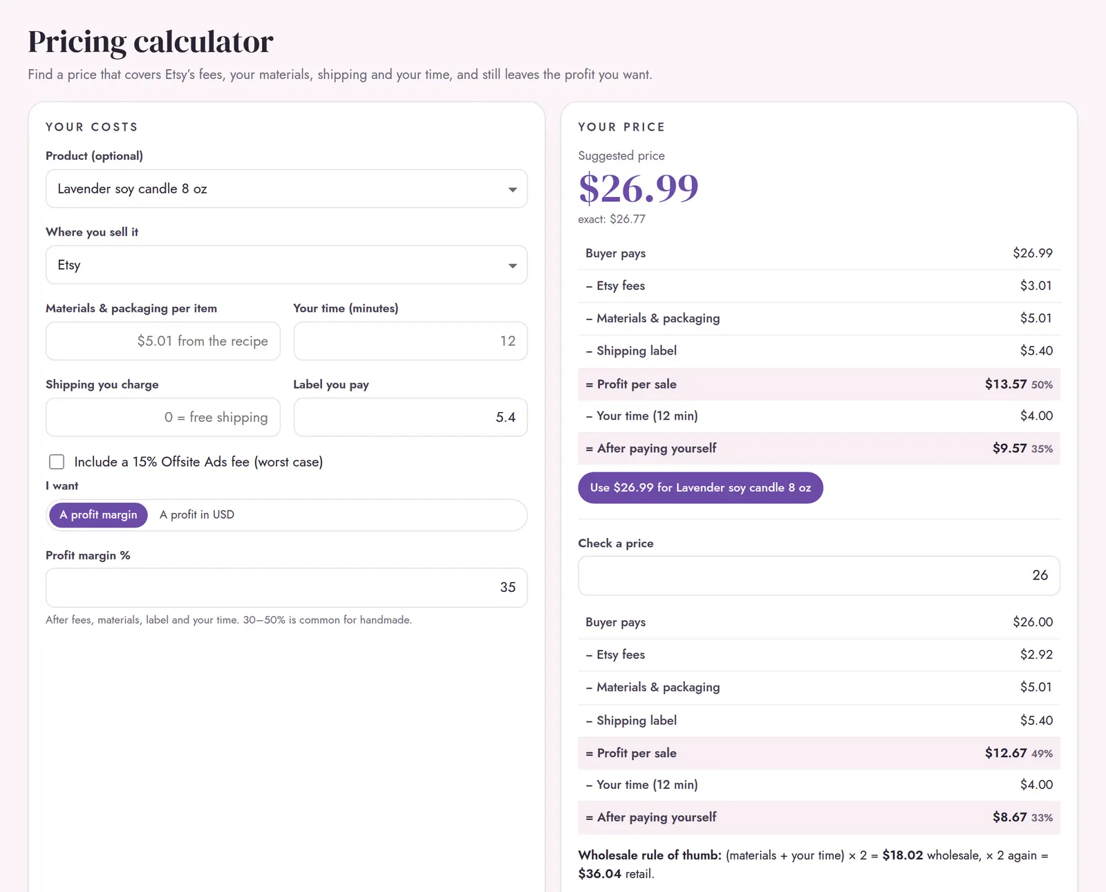 Pricing calculator suggesting a price that covers fees and costs