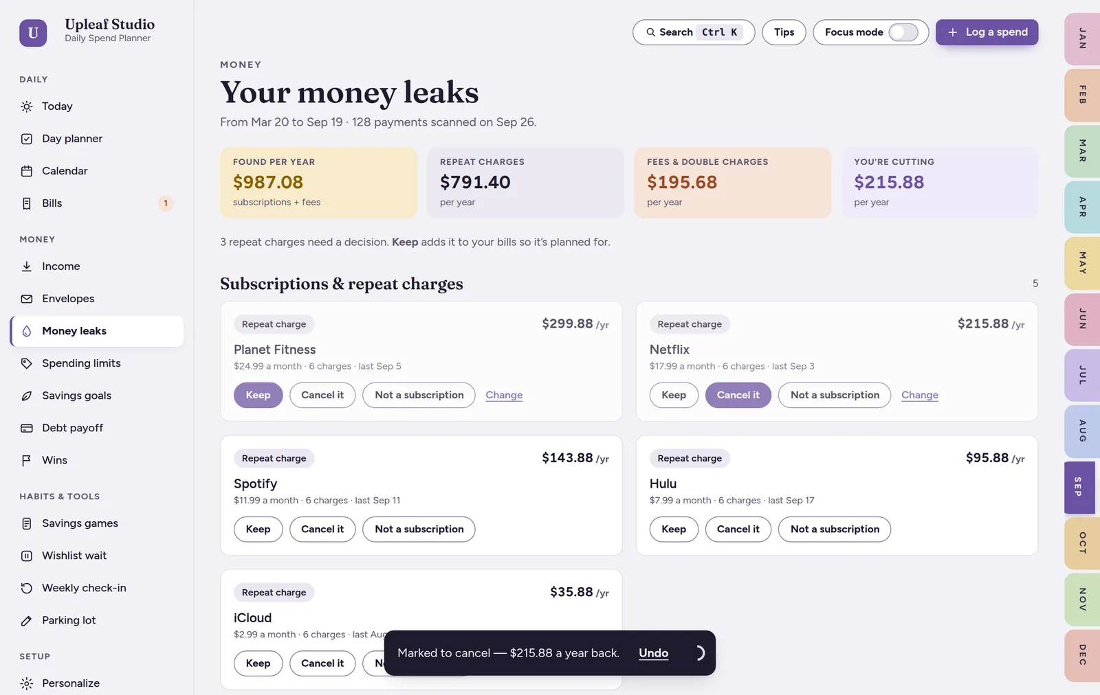 Money leak finder showing subscriptions and fees