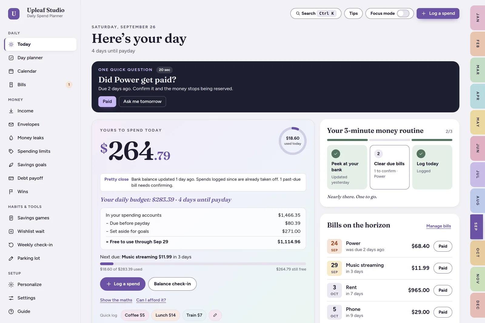 Today screen showing what you can spend today